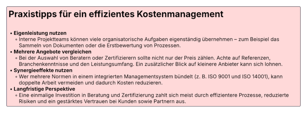 Kosten für Beratung und Zertifizierung im Blick