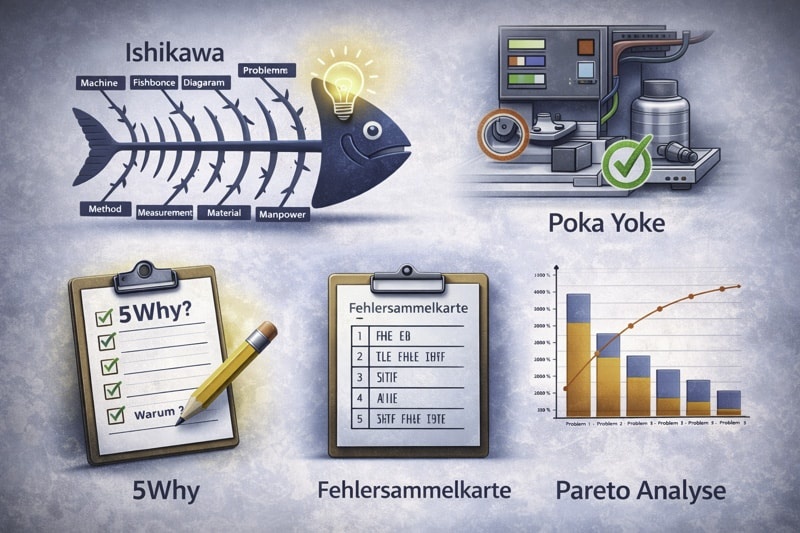QM-Methoden Ishikawa, 5Why, Poka Yoke, Fehlersammelkarte, Pareto