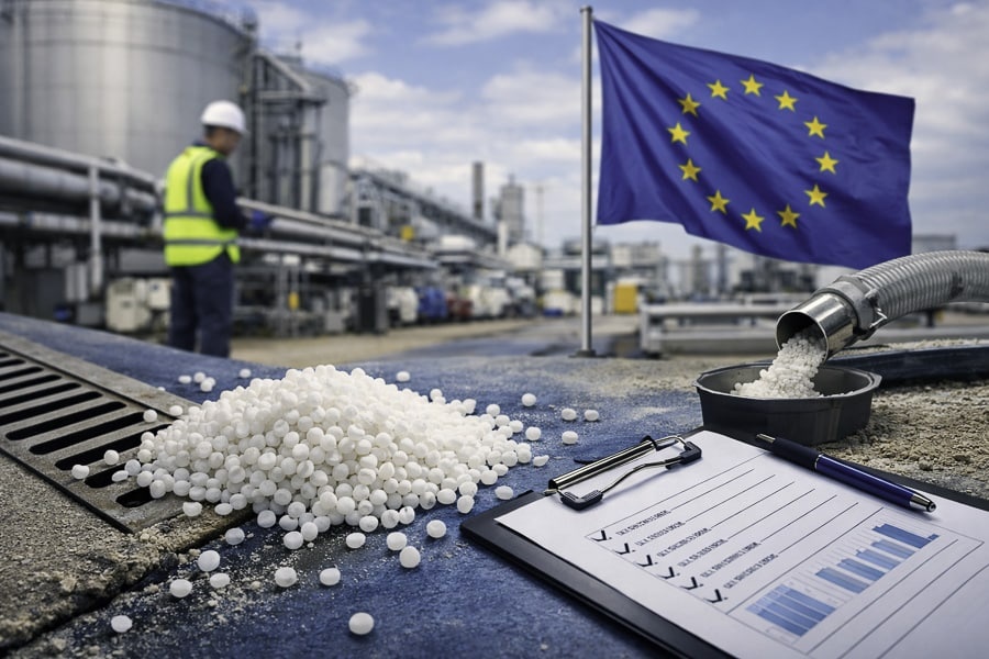 Kunststoffgranulat in einer industriellen Umgebung im Kontext der EU-Verordnung zur Vermeidung von Pelletverlusten